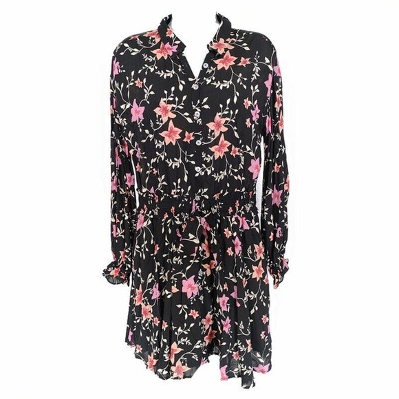 Free People Combo Dress Mini Black Multi Women's XS Floral Long Sleeve Lined Tie
